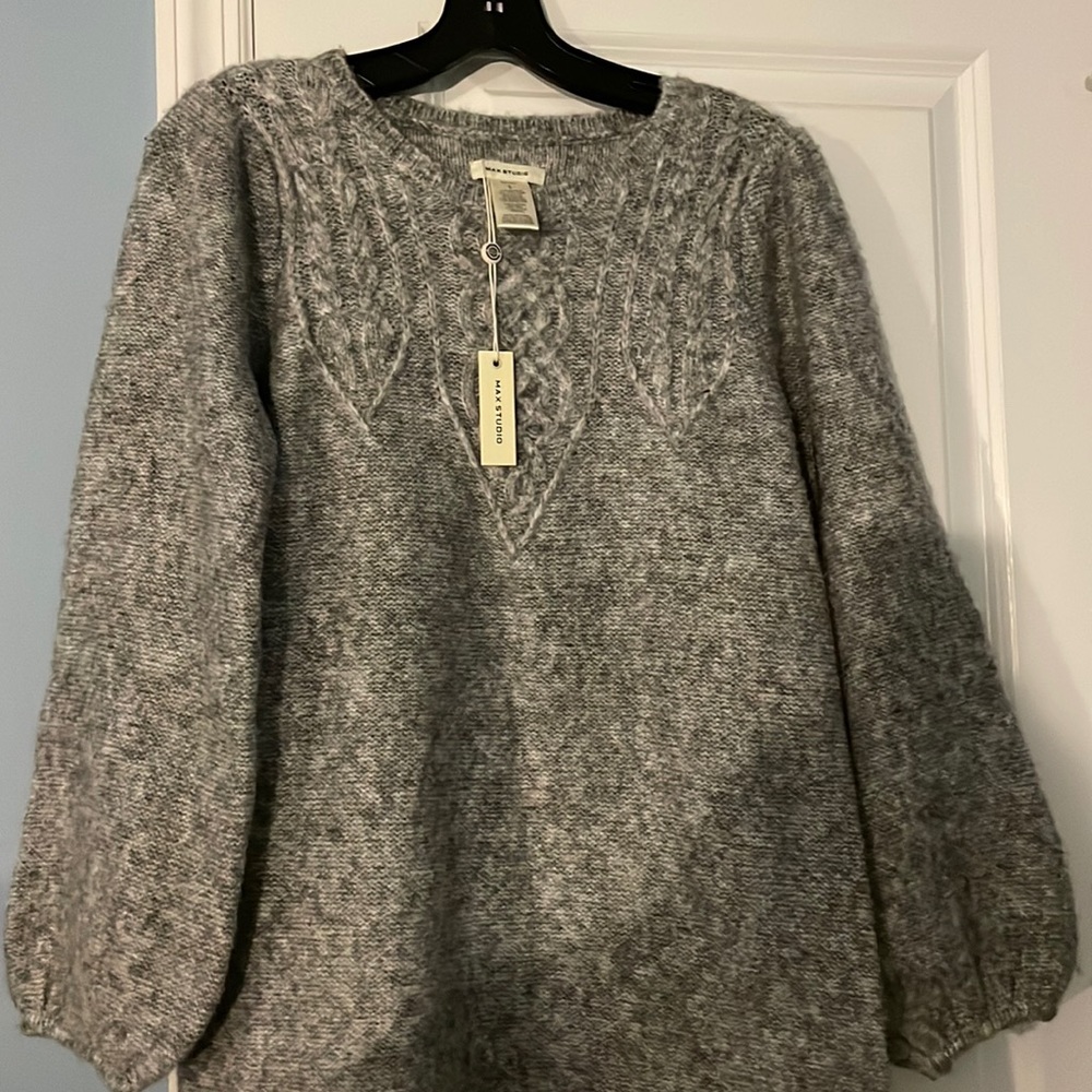 Grey sweater dress with puff sleeves